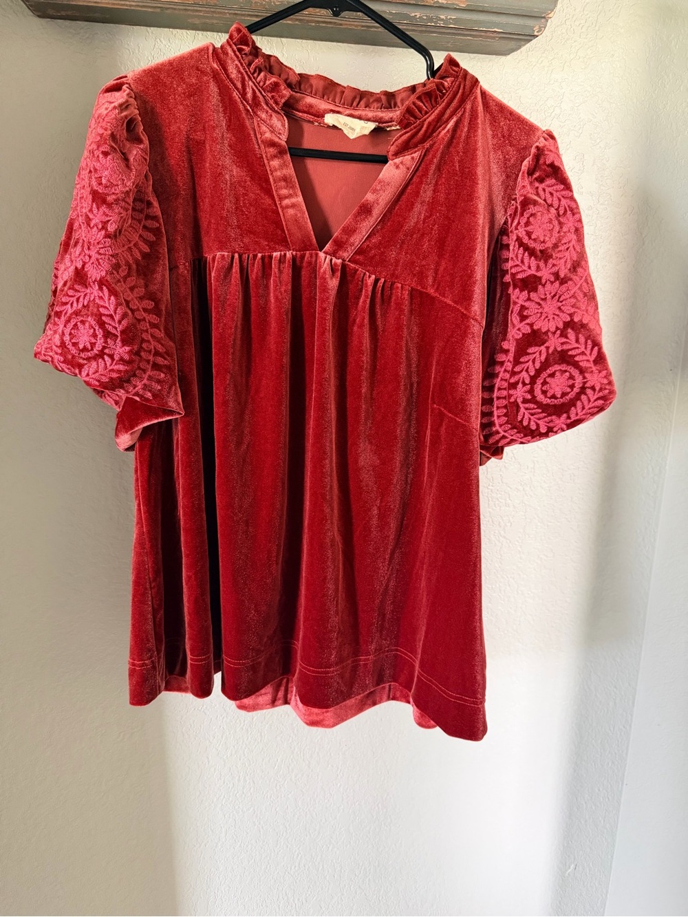 Umgee Medium Velvet Embroidered Puff Sleeve Top Burgandy